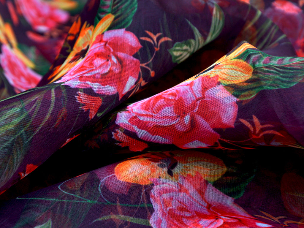 Maroon Floral Digital Printed Semi Organza Fabric