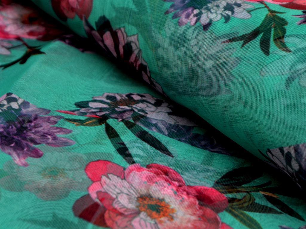 Precut of 0.5 Meter Teal Green Floral Digital Printed Semi Organza Fabric