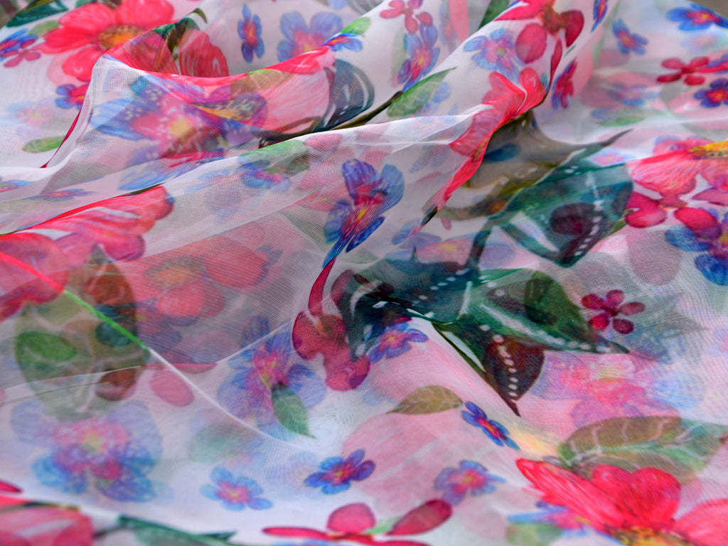 White Floral Digital Printed Semi Organza Fabric