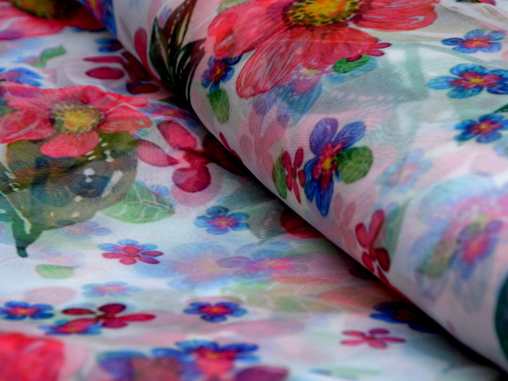 White Floral Digital Printed Semi Organza Fabric