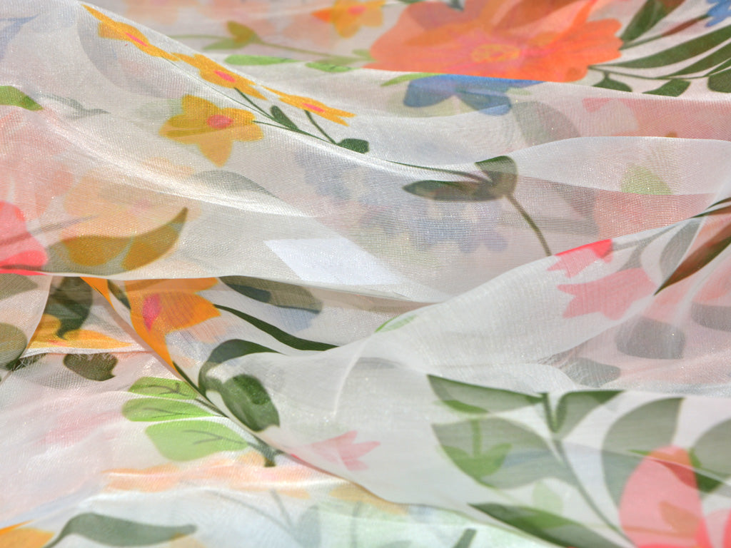 Precut of 1.5 Meter White Floral Digital Printed Semi Organza Fabric