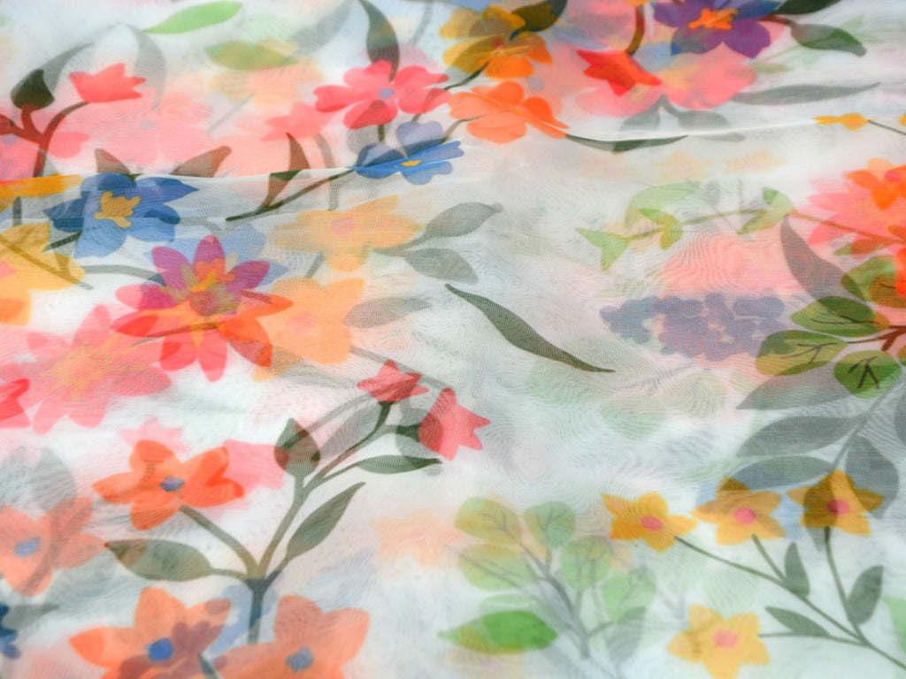 Precut of 1.5 Meter White Floral Digital Printed Semi Organza Fabric