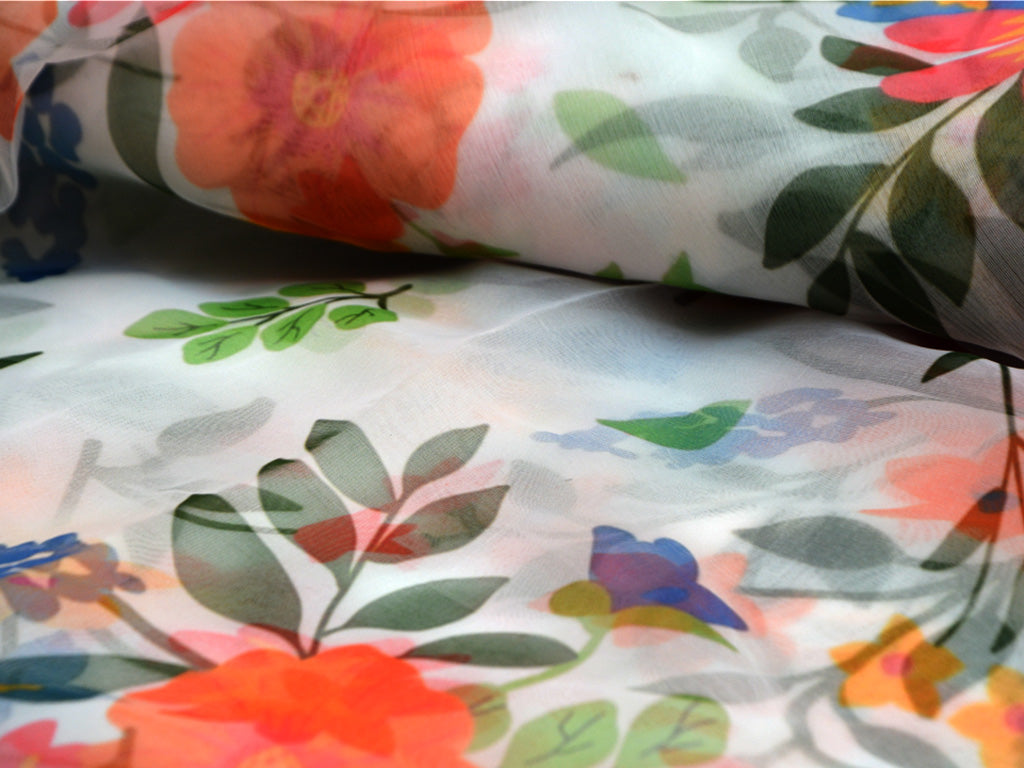 Precut of 1.5 Meter White Floral Digital Printed Semi Organza Fabric