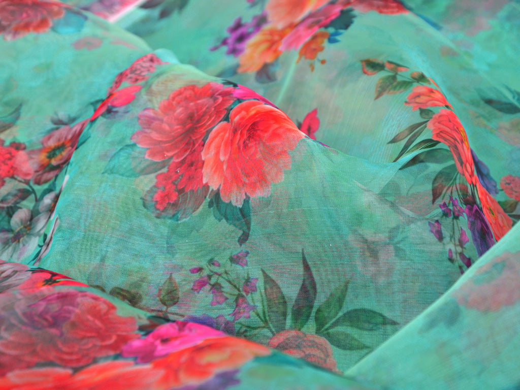 Precut of 1.5 Meter Teal Floral Digital Printed Semi Organza Fabric