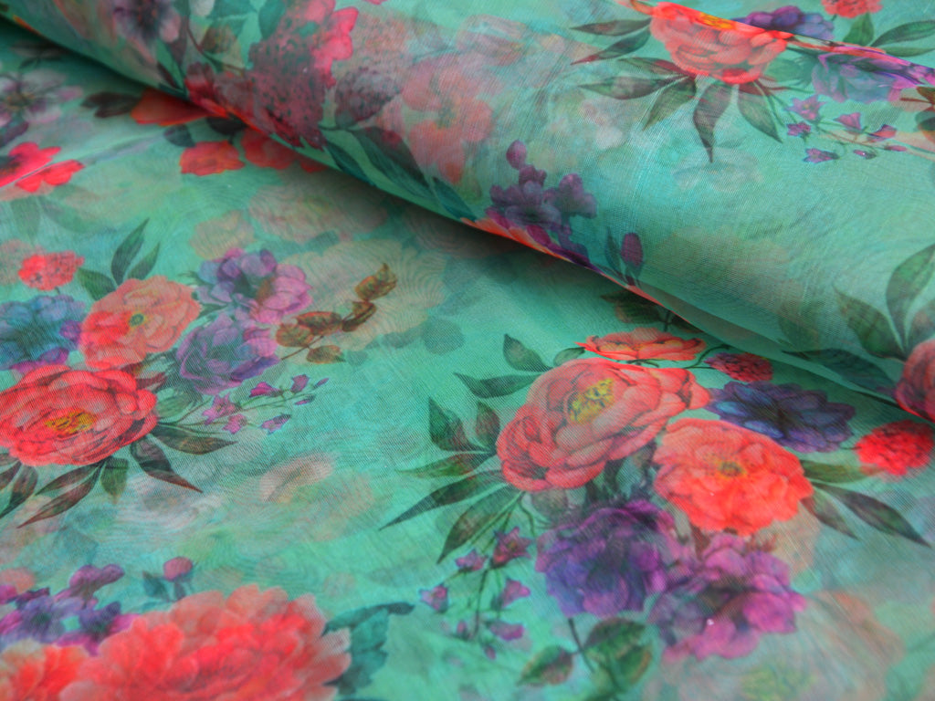 Precut of 1.5 Meter Teal Floral Digital Printed Semi Organza Fabric