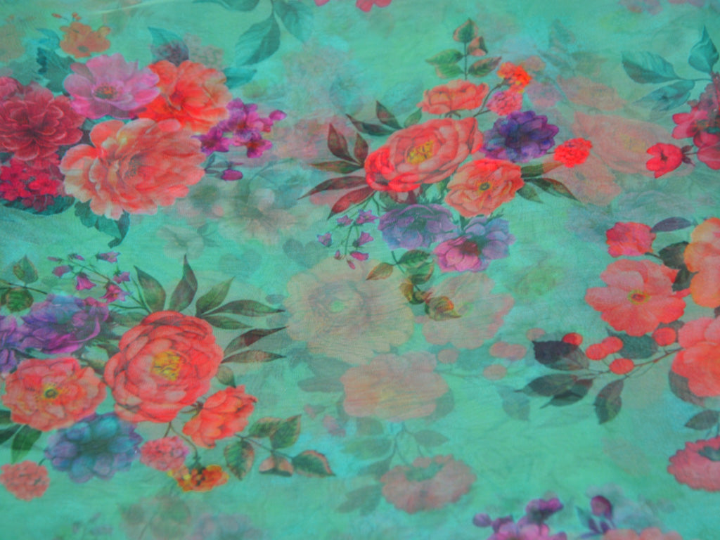 Precut of 1.5 Meter Teal Floral Digital Printed Semi Organza Fabric