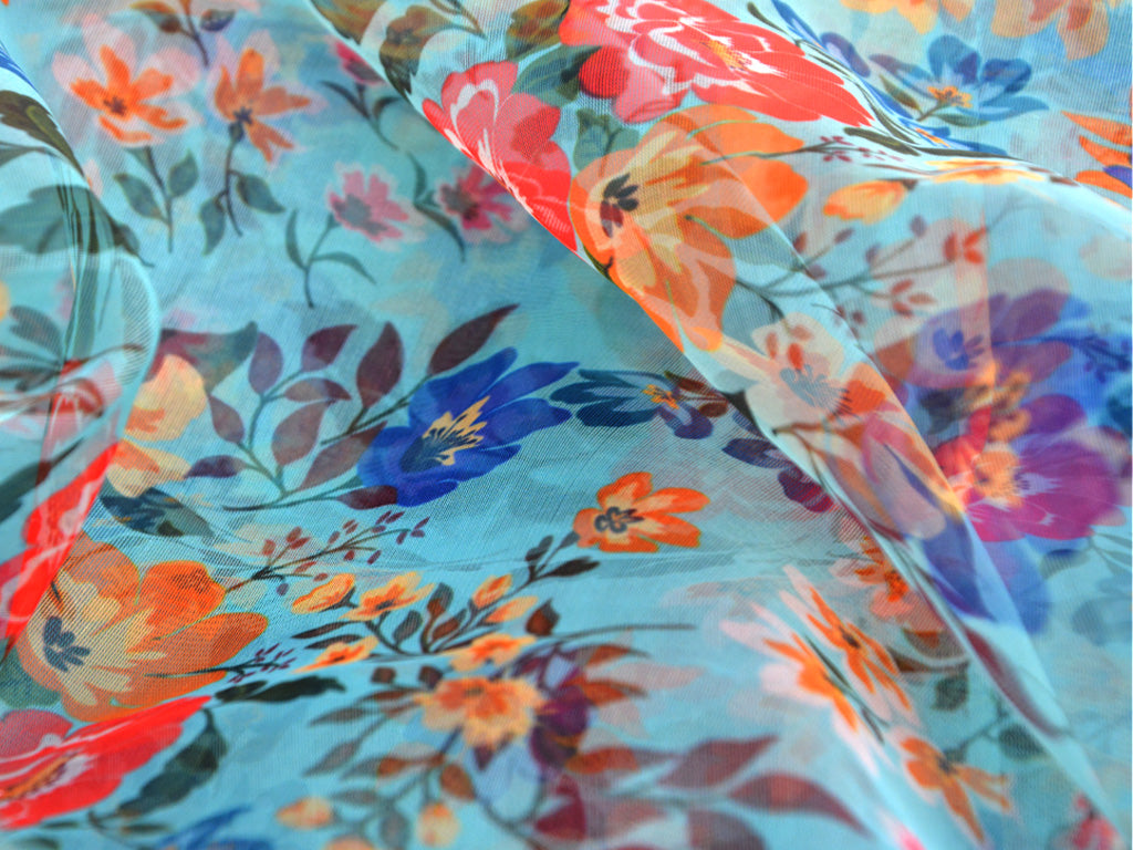 Turquoise Floral Digital Printed Semi Organza Fabric