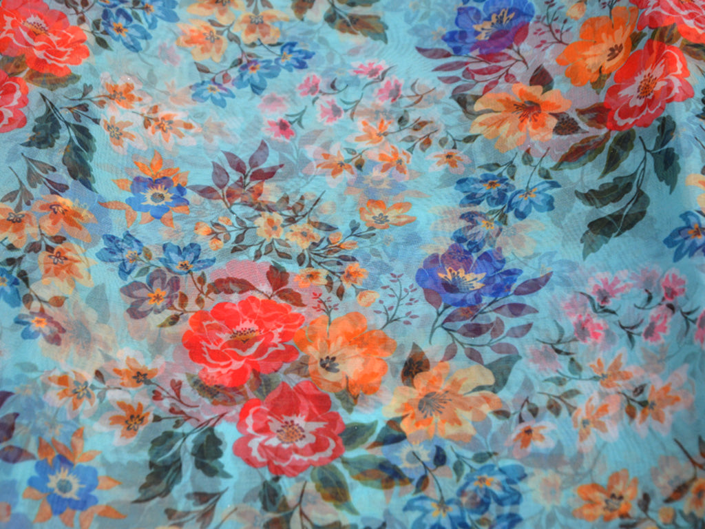 Turquoise Floral Digital Printed Semi Organza Fabric