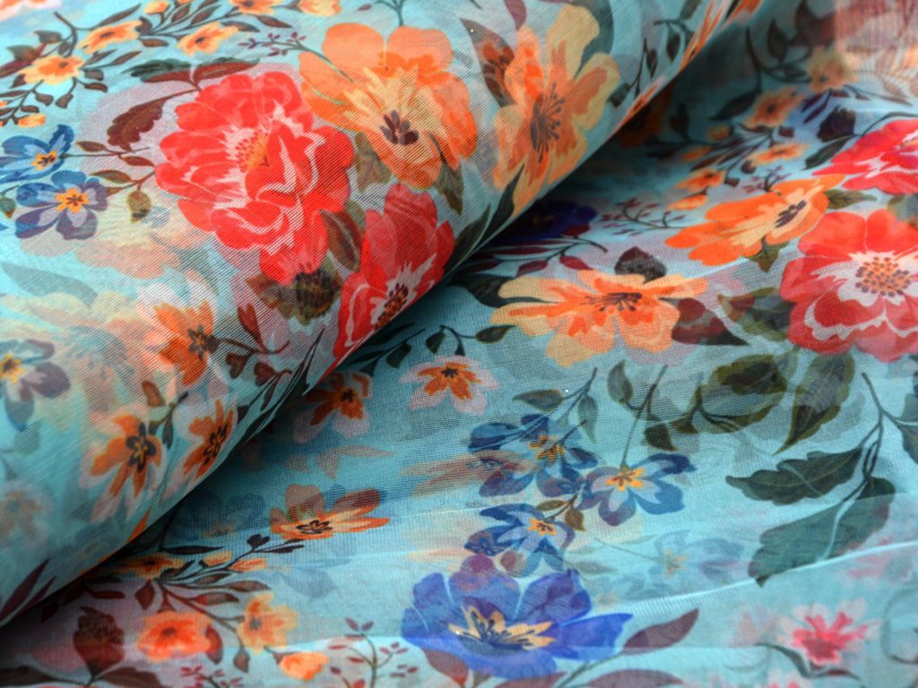 Turquoise Floral Digital Printed Semi Organza Fabric