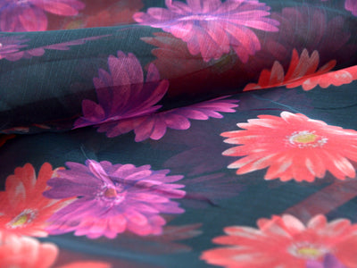 Precut of 2 Meter Black Floral Digital Printed Semi Organza Fabric