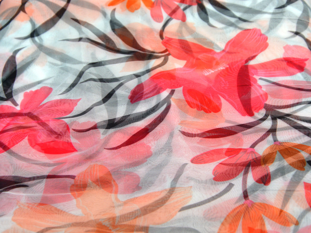 White Floral Digital Printed Semi Organza Fabric