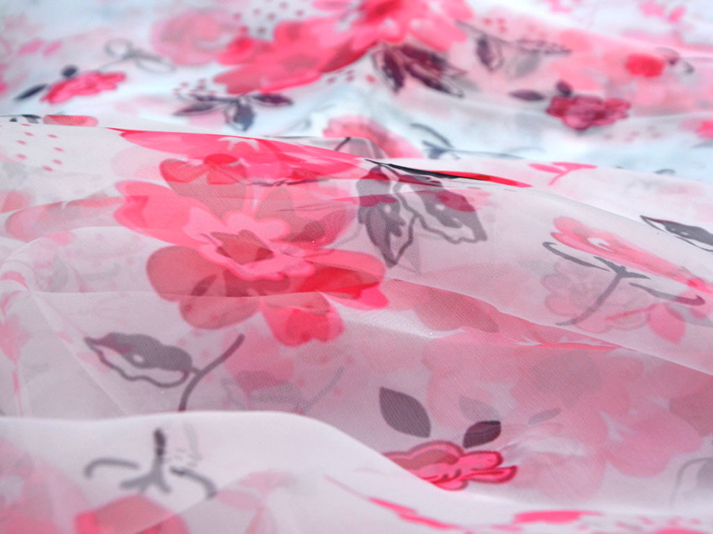 Precut of 1.5 Meter White & Red Floral Digital Printed Semi Organza Fabric