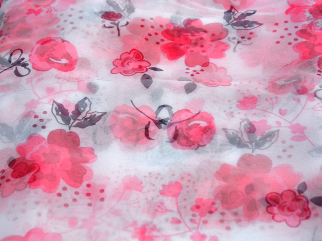 Precut of 1.5 Meter White & Red Floral Digital Printed Semi Organza Fabric