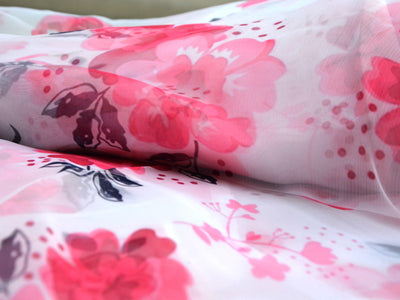 Precut of 1 Meter White & Red Floral Digital Printed Semi Organza Fabric