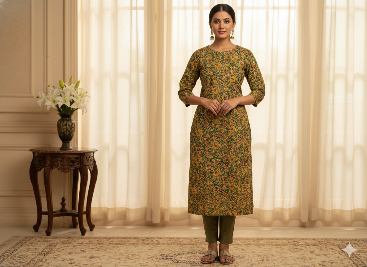 Mehandi Green Floral 100% Pure Cotton Handblocked Kalamkari Fabric