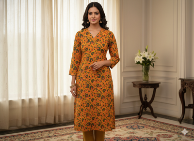 Yellow Floral 100% Pure Cotton Handblocked Kalamkari Fabric