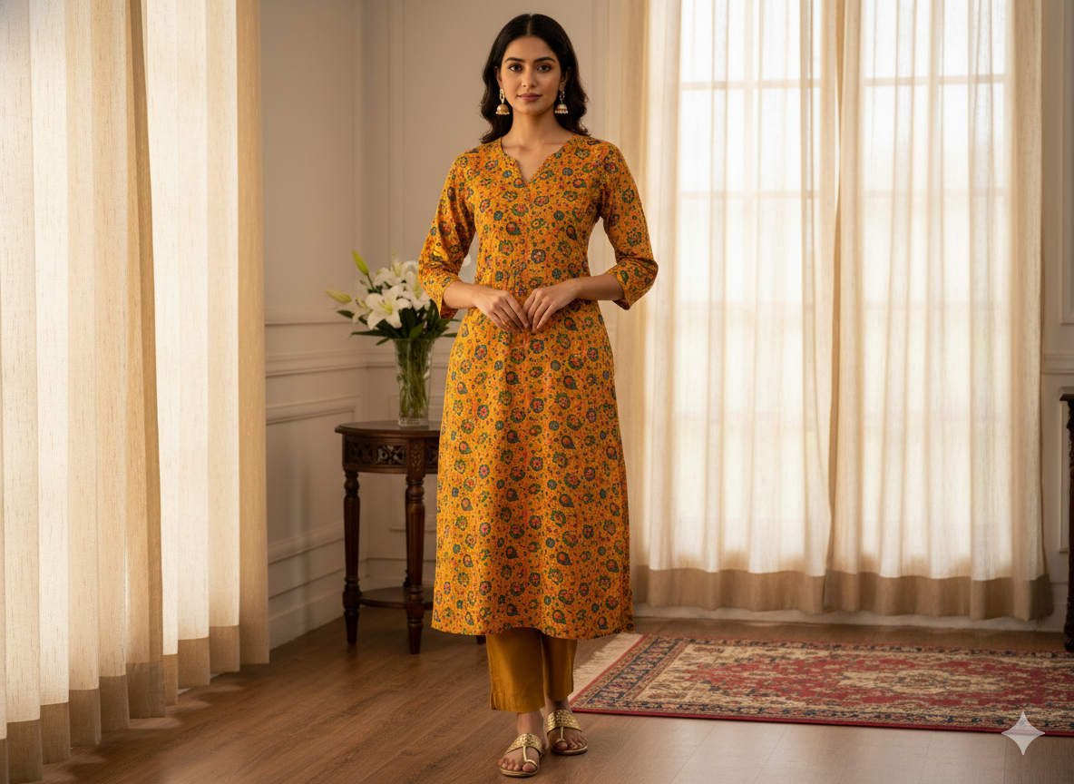 Yellow Floral 100% Pure Cotton Handblocked Kalamkari Fabric