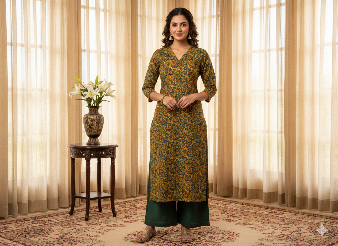 Green Floral 100% Pure Cotton Handblocked Kalamkari Fabric