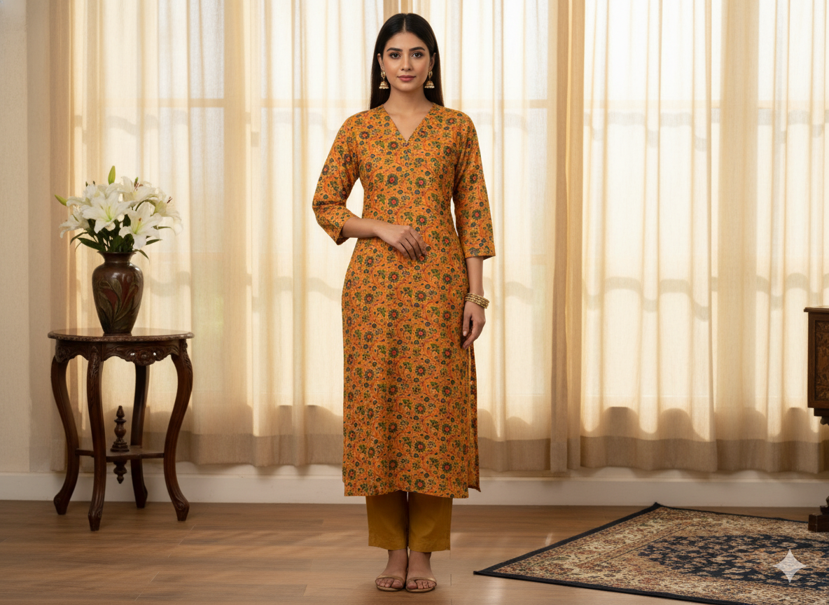 Yellow Floral 100% Pure Cotton Handblocked Kalamkari Fabric