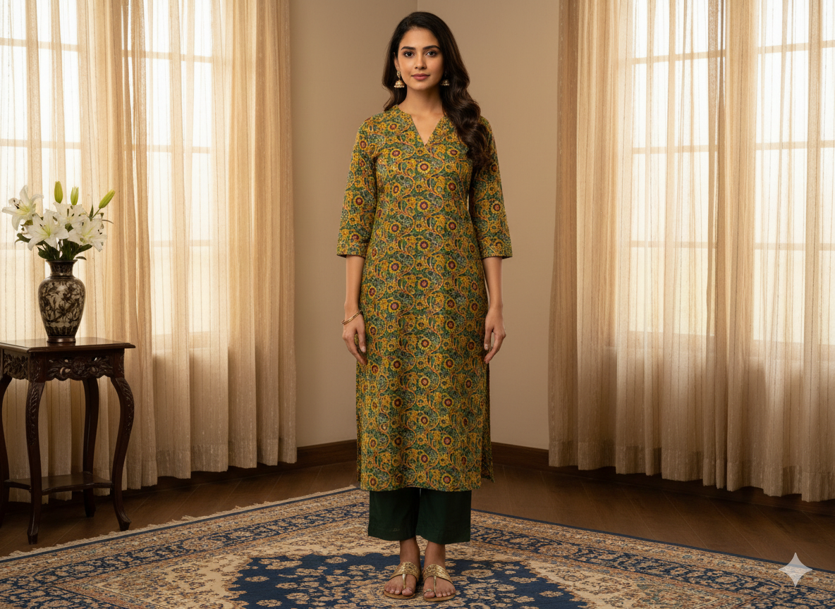 Green Floral 100% Pure Cotton Handblocked Kalamkari Fabric