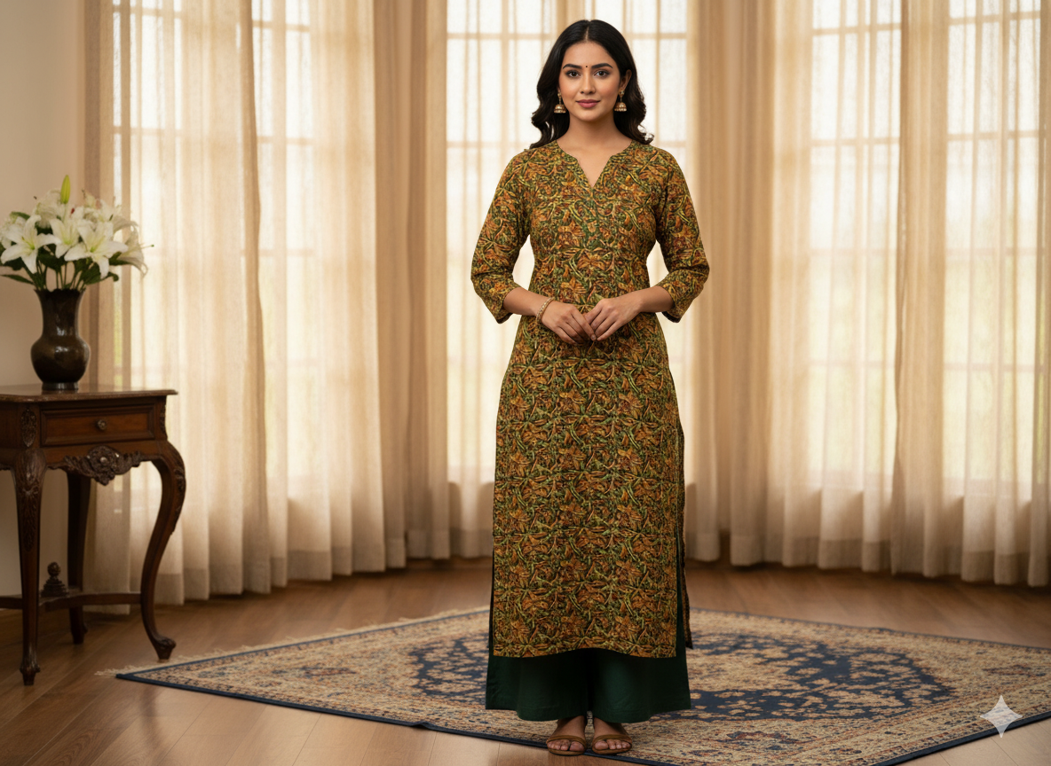Mehandi Green Floral 100% Pure Cotton Handblocked Kalamkari Fabric