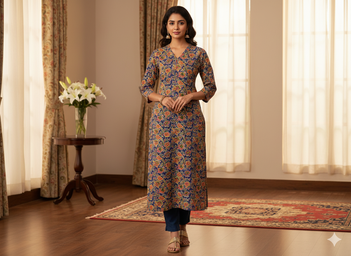 Blue Floral 100% Pure Cotton Handblocked Kalamkari Fabric