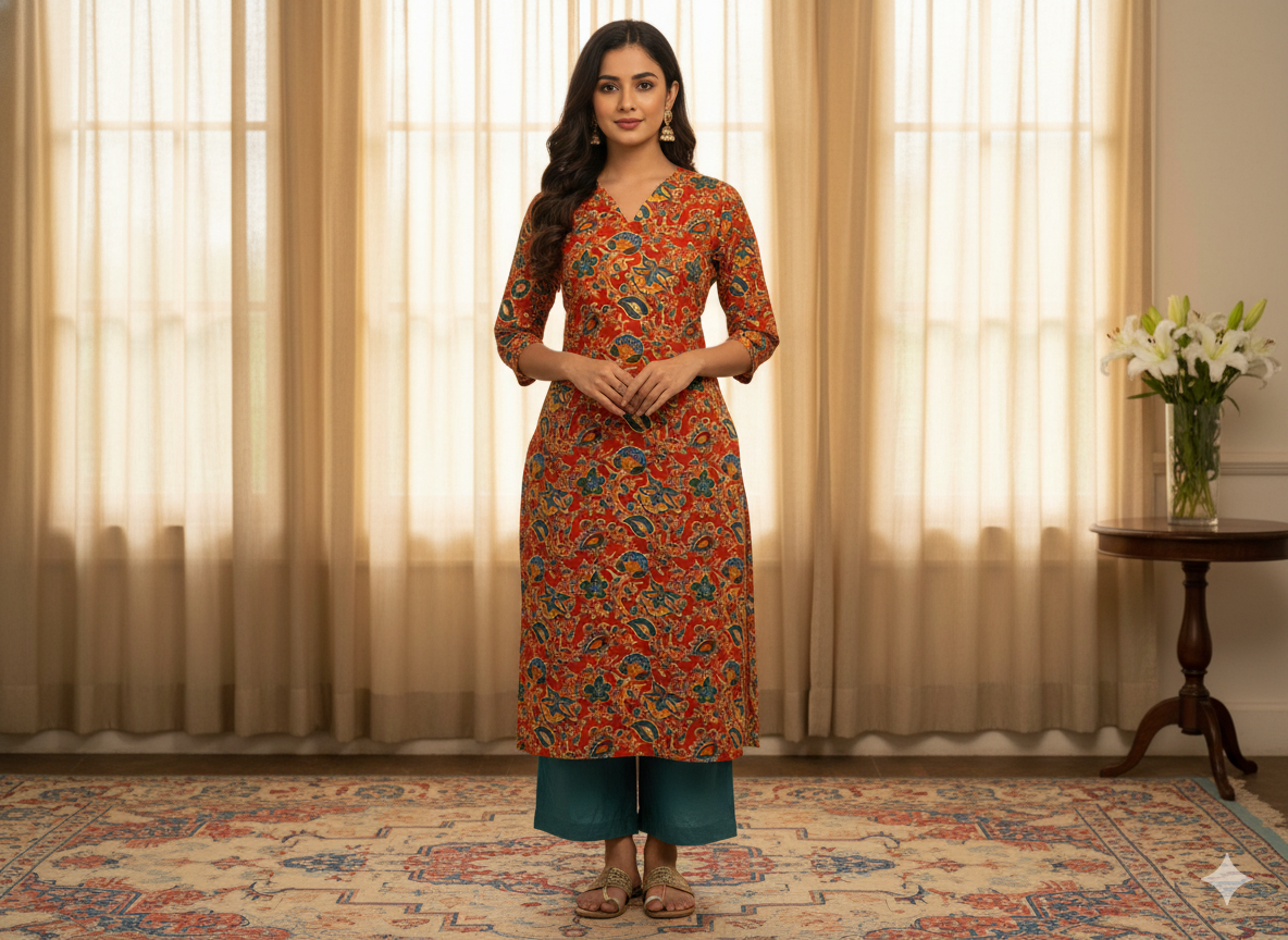 Red Floral 100% Pure Cotton Handblocked Kalamkari Fabric