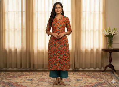 Red Floral 100% Pure Cotton Handblocked Kalamkari Fabric