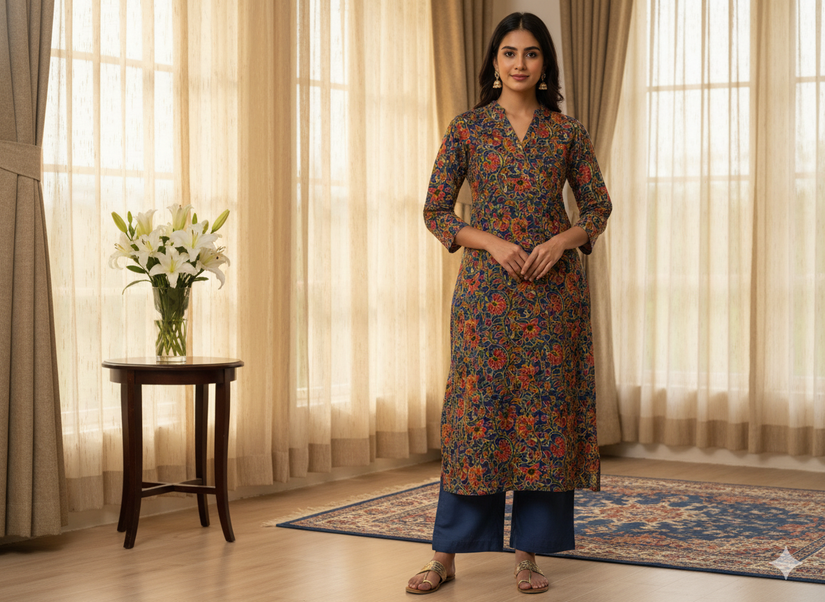 Blue Floral 100% Pure Cotton Handblocked Kalamkari Fabric