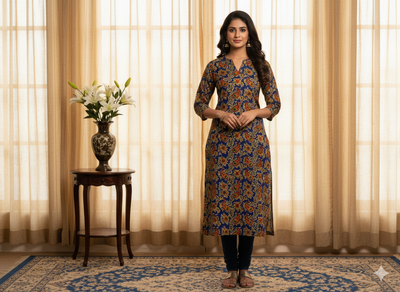 Blue Floral 100% Pure Cotton Handblocked Kalamkari Fabric