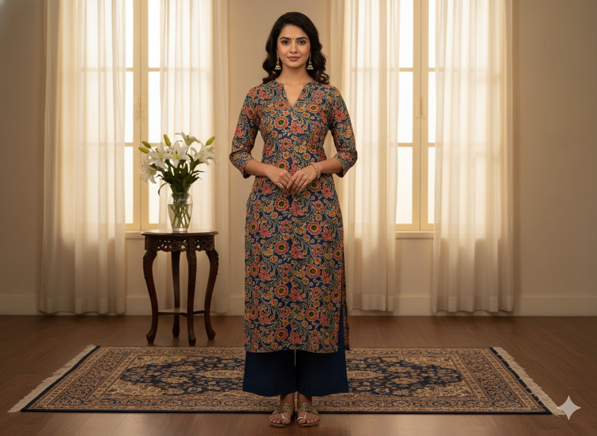 Blue Floral 100% Pure Cotton Handblocked Kalamkari Fabric