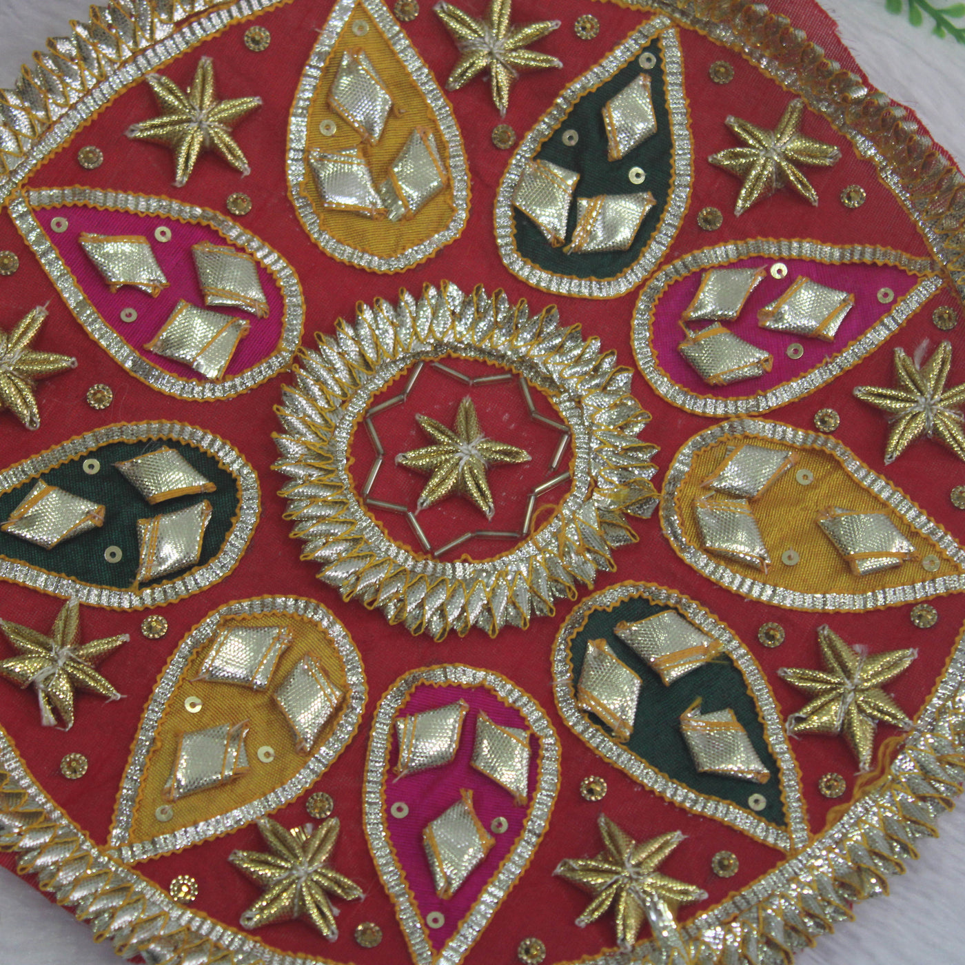 Vibrant Red Handwork Gota & Multicolor Drop Embellishments Patch