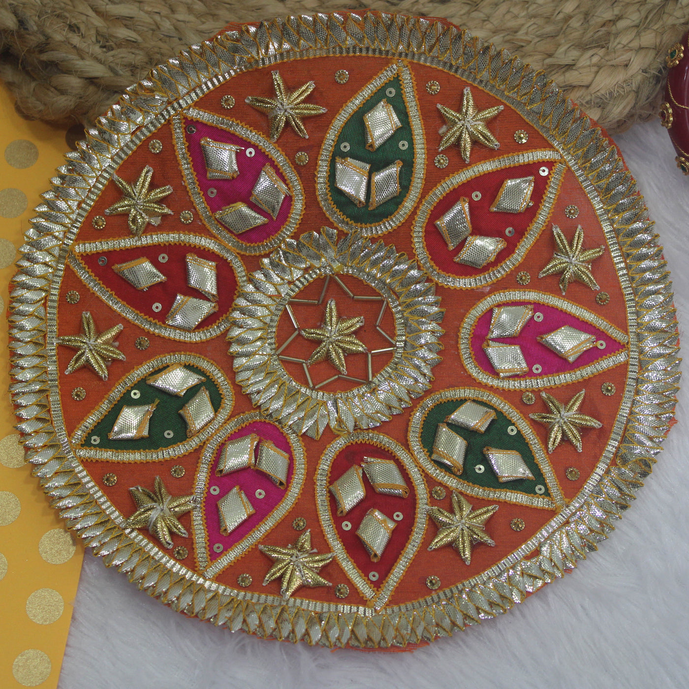 Bright Orange Handwork Gota Patch With Vibrant Multicolor Drops