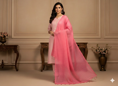 Coral Pink Check Kota Doria Pure Cotton Fabric