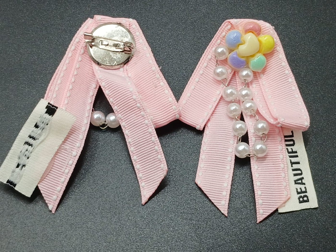 Beautiful Pink Ribbon Brooch with Pearl and Balloon Design with Back Pin