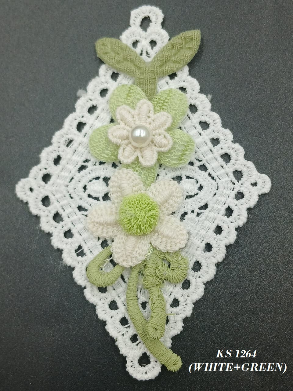 White and Green Crocheted Floral Appliqué