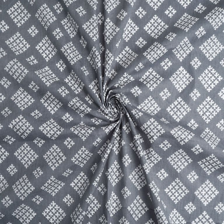 Grey & White Geometric Printed Pure Cotton Fabric