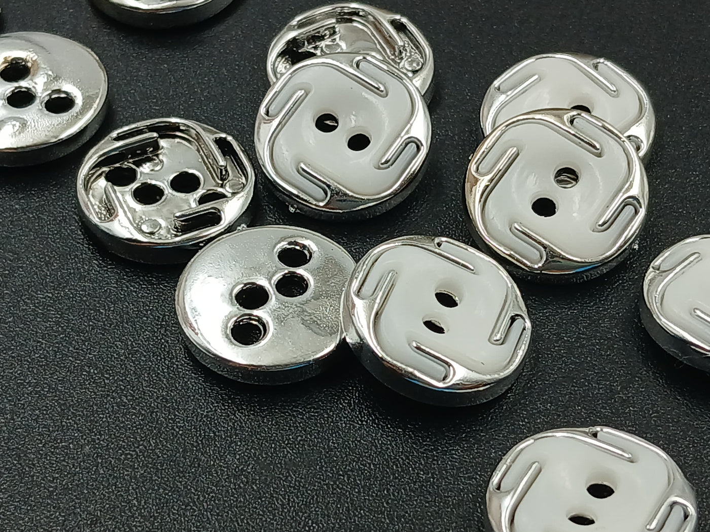 White With Silver Circular 20L Four Hole Polyester Buttons