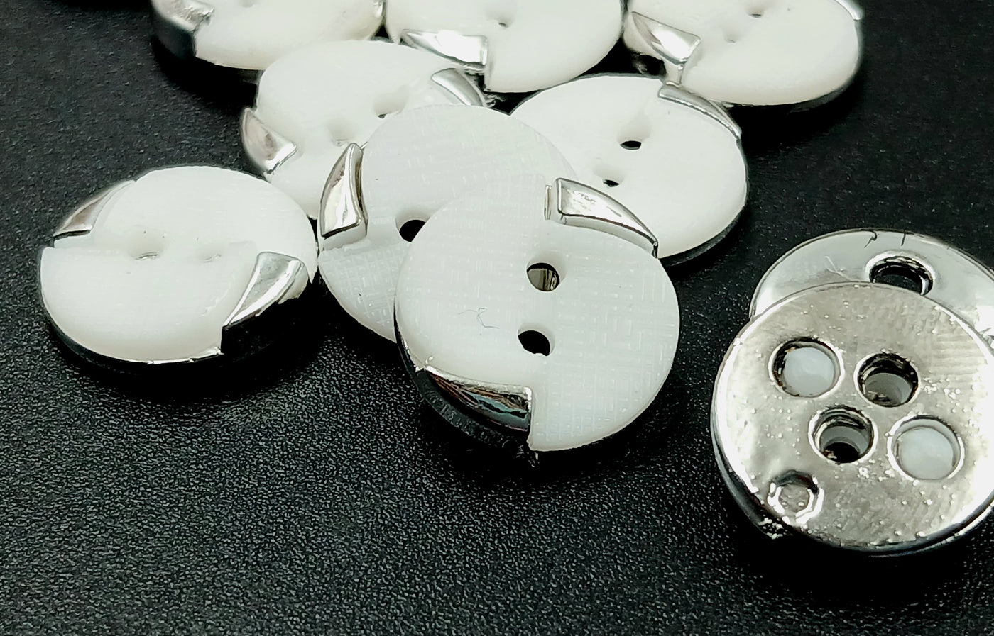 White With Silver Circular 20L Four Hole Polyester Buttons