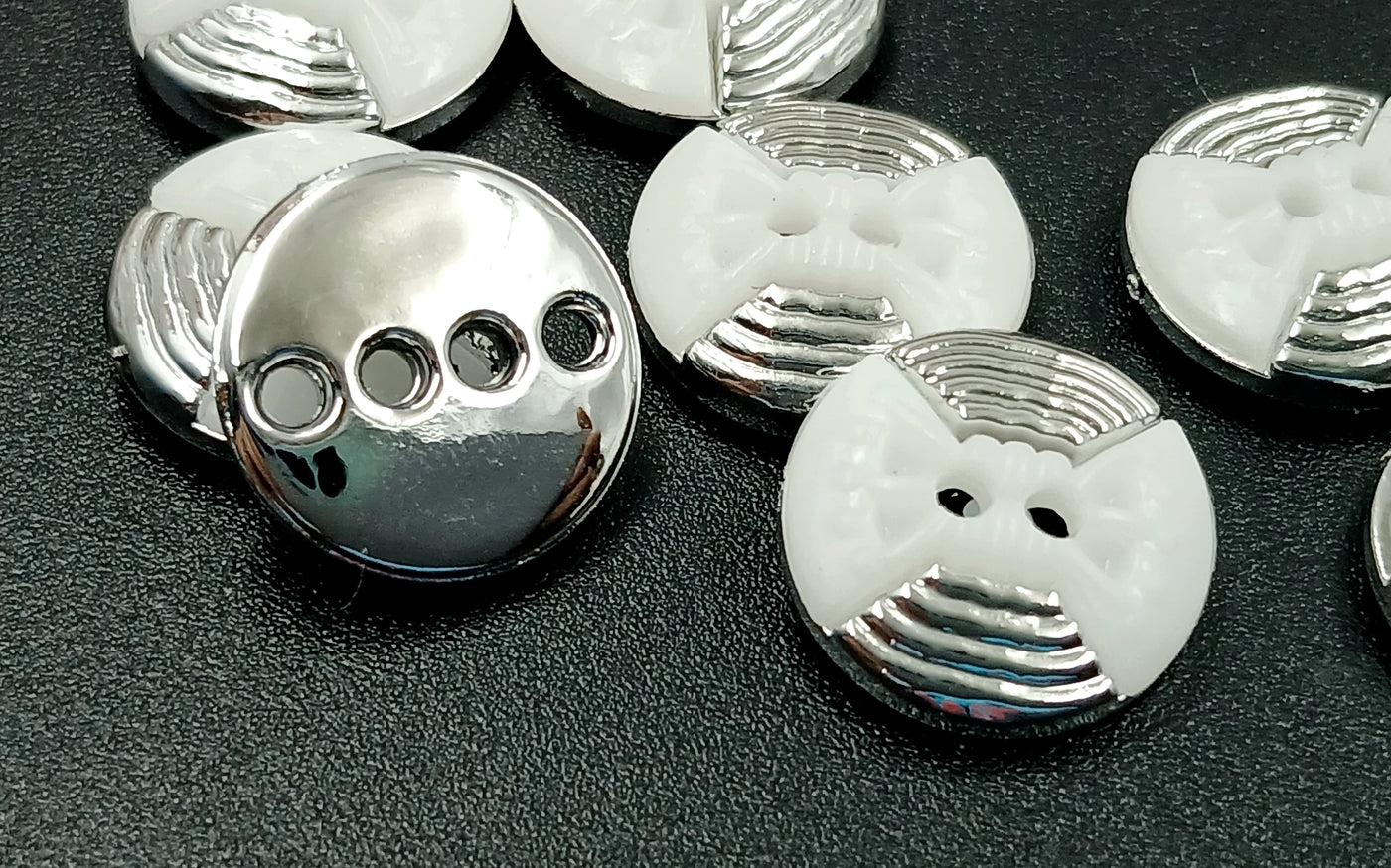 White With Silver Circular 20L Four Hole Polyester Buttons