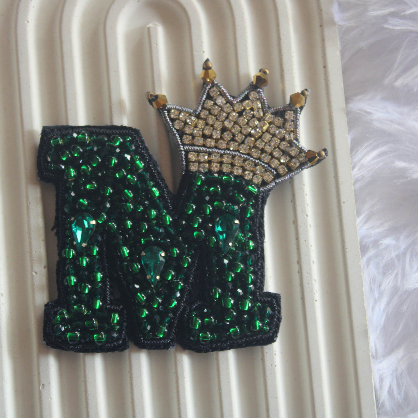 Green Embellished M Patch With Crown