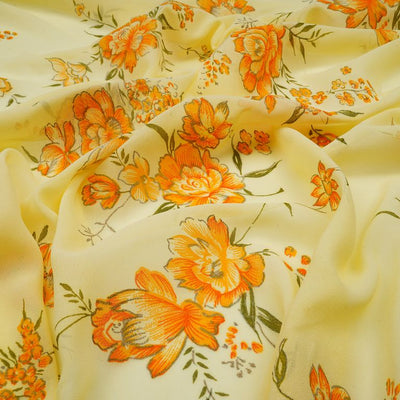 Yellow & Golden Floral Printed Faux Georgette Fabric