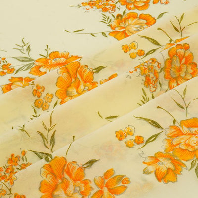 Yellow & Golden Floral Printed Faux Georgette Fabric