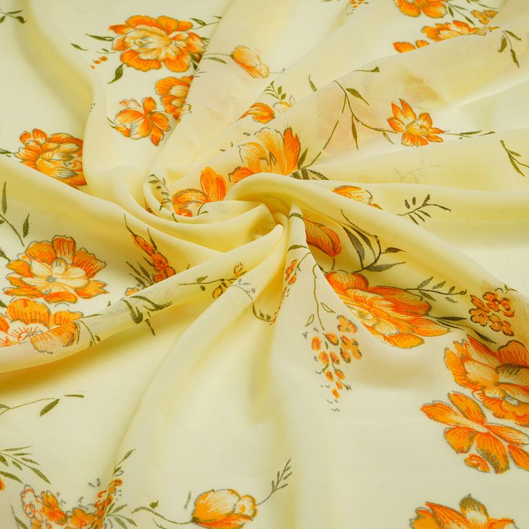 Yellow & Golden Floral Printed Faux Georgette Fabric