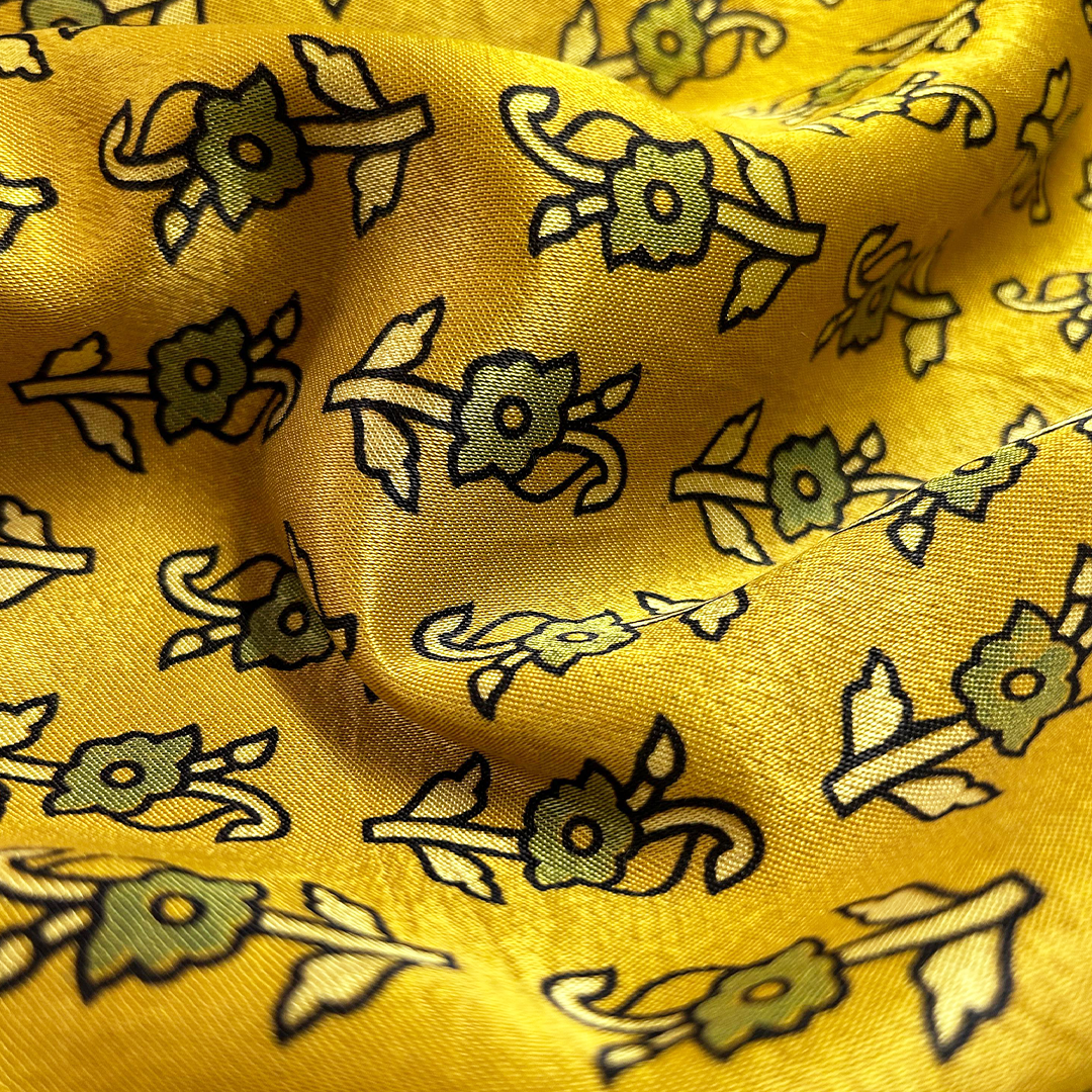 Bright Yellow Motifs Printed Ajrakh Mashru Silk Fabric