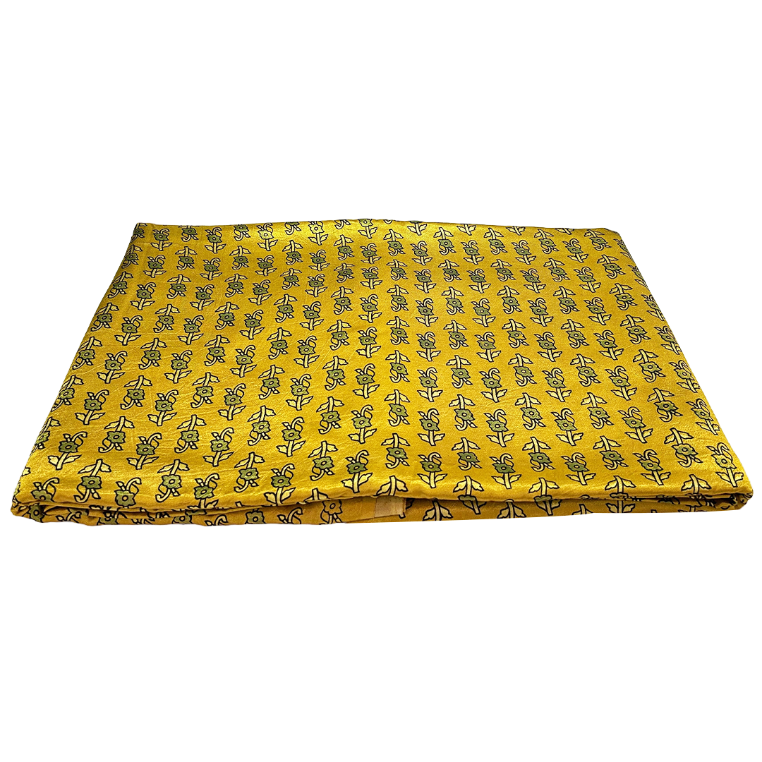 Bright Yellow Motifs Printed Ajrakh Mashru Silk Fabric