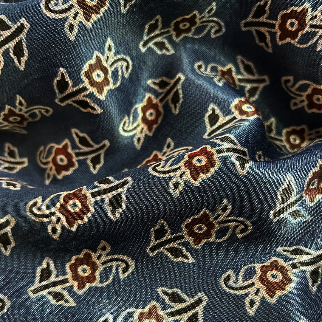 Blue Motifs Printed Ajrakh Mashru Silk Fabric