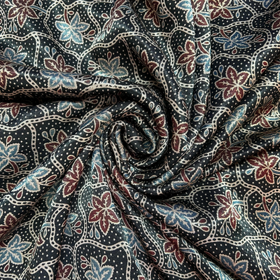 Black Floral Printed Ajrakh Mashru Silk Fabric