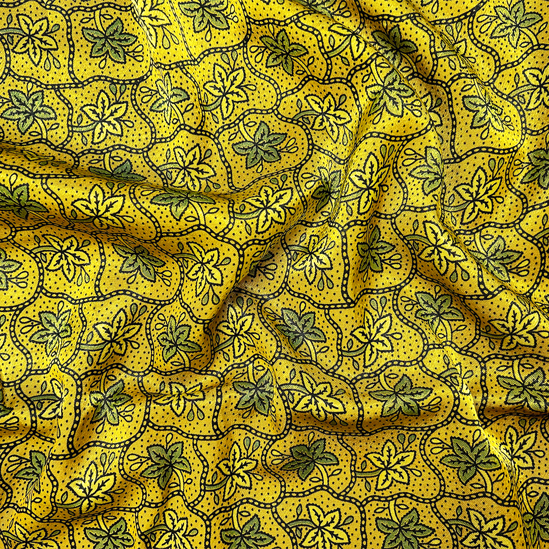 Bright Yellow Floral Printed Ajrakh Mashru Silk Fabric