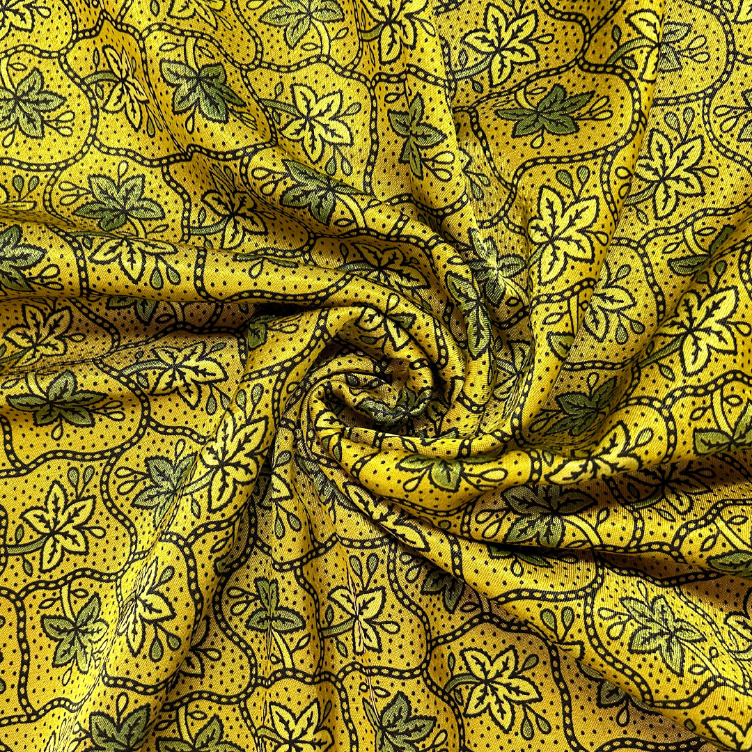 Bright Yellow Floral Printed Ajrakh Mashru Silk Fabric